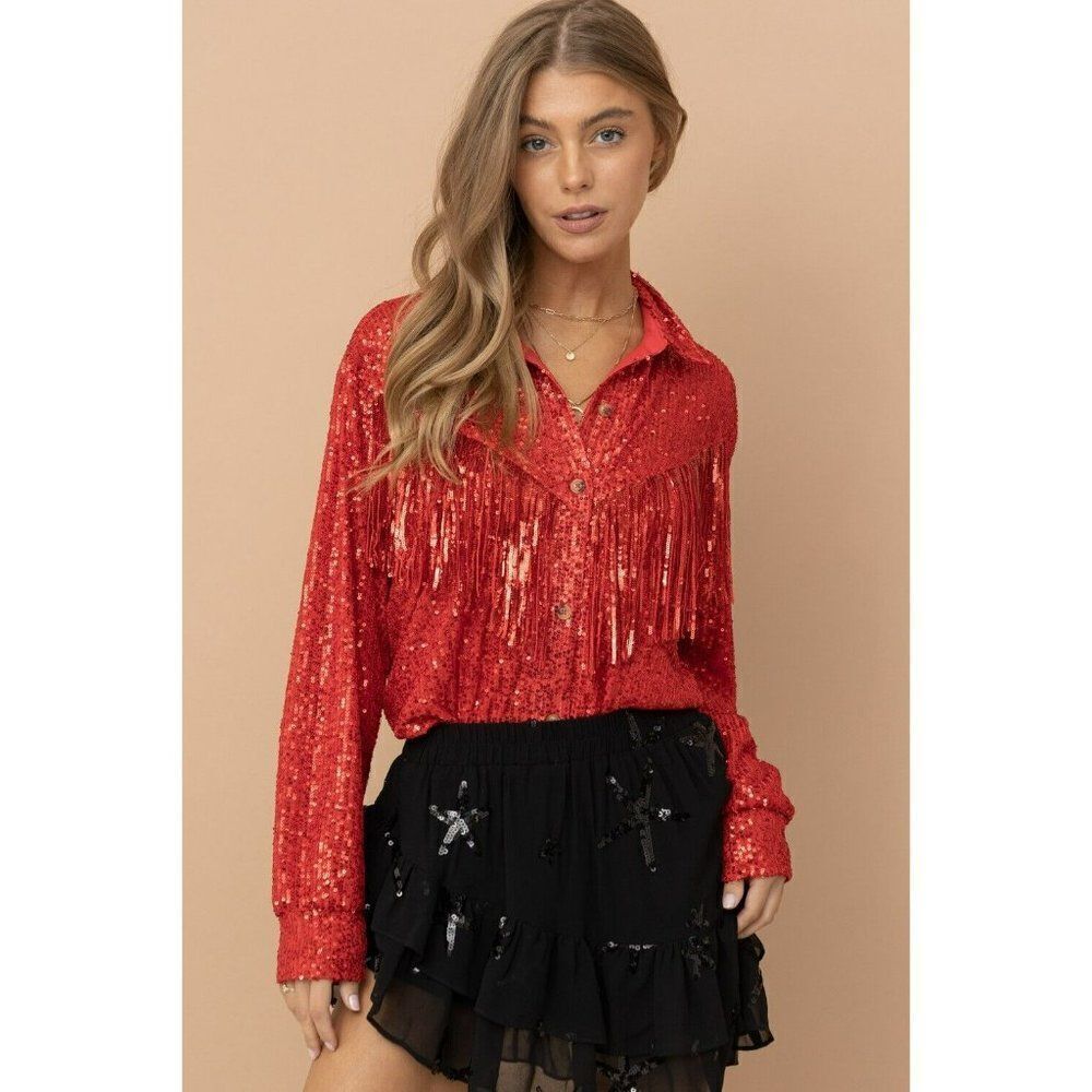 Texas Hold'em Red Sequin Fringe Western Button Up Top Vegas Party Shirt 32377T - Picture 6 of 11